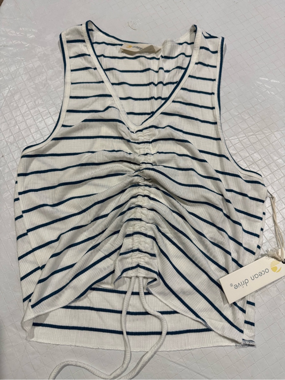 Ocean Drive Navy & White Ruched Stripe V-Neck Tank
